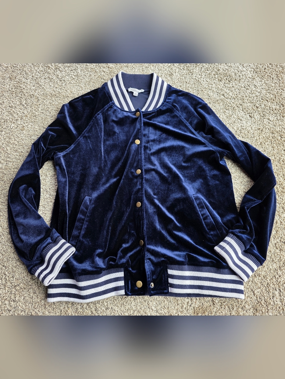 Honey Punch Navy Velvet Bomber Jacket with Striped Trim